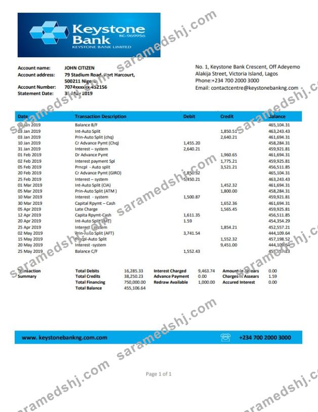 Nigeria Keystone Bank statement
